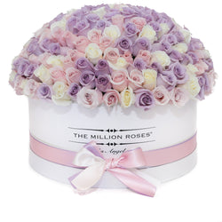 The Million Large Luxury Box - Candy Pink & White & Purple Roses - White Box - The Million Roses Slovakia