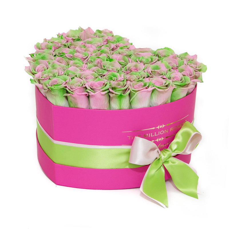 The Million Love Heart - Green-Pink Roses - Hot Pink Box - The Million Roses Slovakia