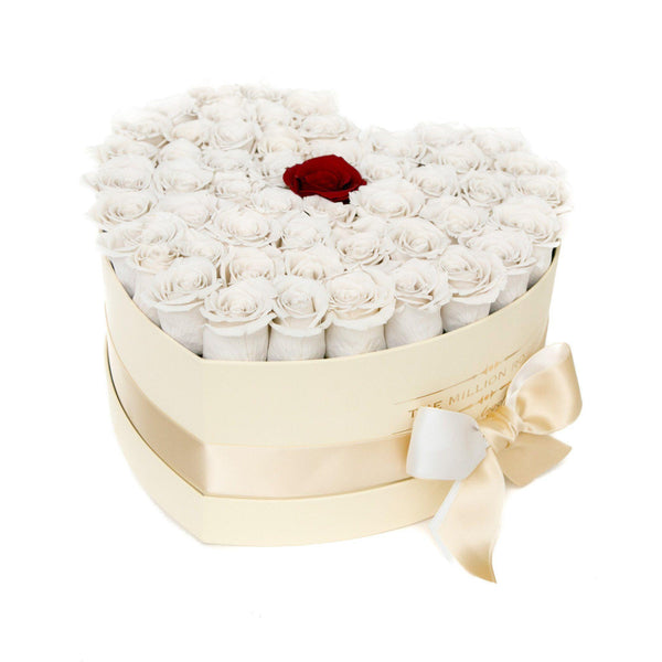 The Million Love Heart - White + 1 Red Roses - Vanilla Box - The Million Roses Slovakia