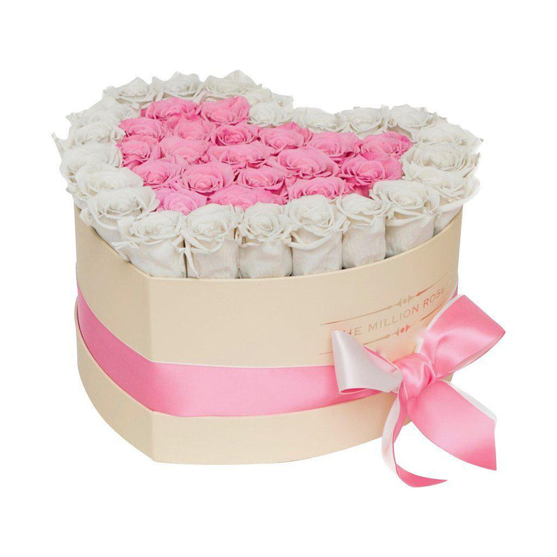 The Million Love Heart - Candy Pink & White Roses - Vanilla Box - The Million Roses Slovakia