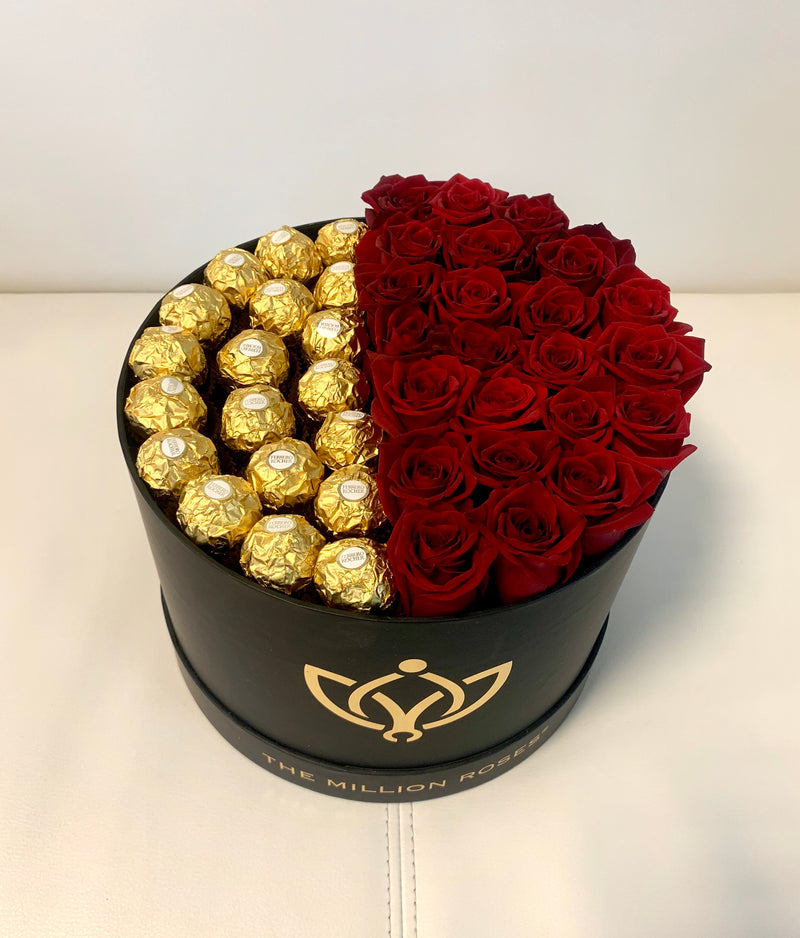 Stredný čierny box- Červené ruže & Ferrero Rocher - The Million Roses Slovakia
