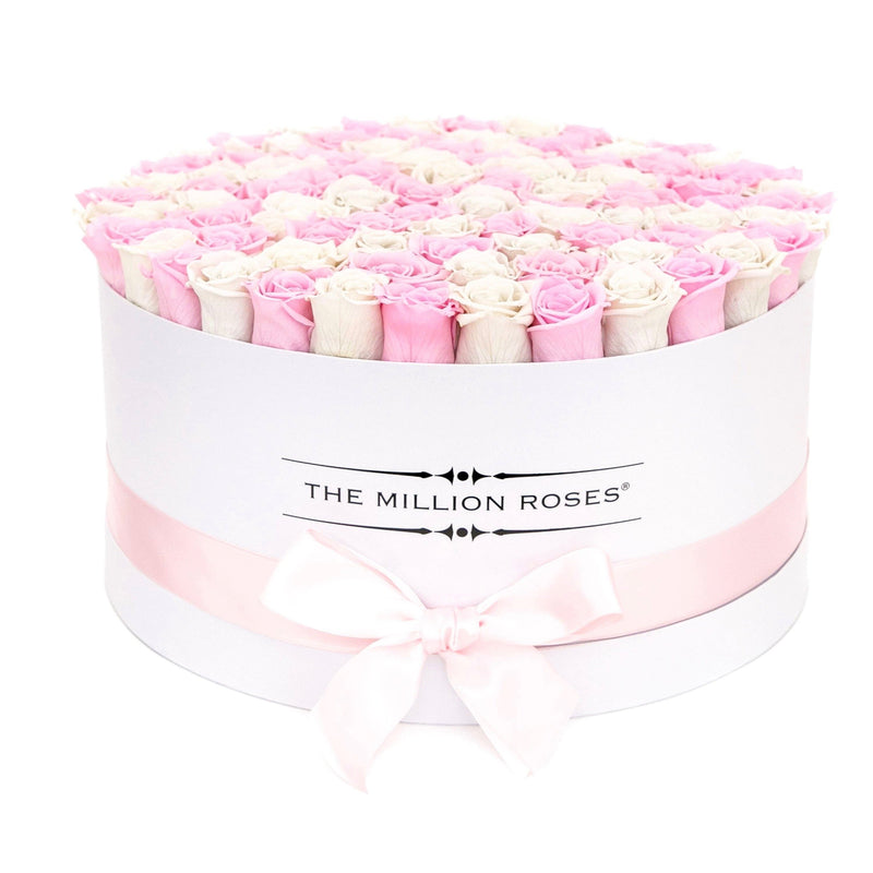 The Million Large Luxury Box - Candy Pink & White Eternity Roses - White Box - The Million Roses Slovakia