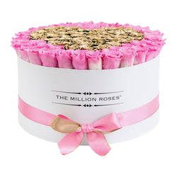 The Million Large Luxury Box - Candy Pink & Gold Eternity Roses - White Box - The Million Roses Slovakia