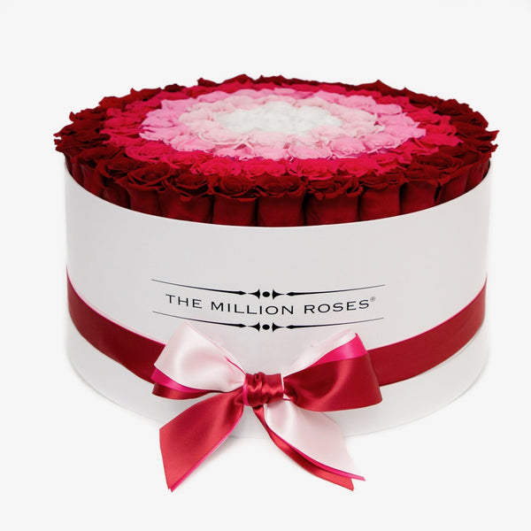 The Million Large Luxury Box - "Target" Red / Hot Pink / White Roses - White Box - The Million Roses Slovakia