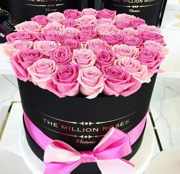 Medium -Light Pink & Dark Pink Roses - Black Box - The Million Roses Slovakia