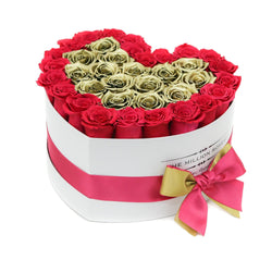 The Million Love Heart - Hot Pink/Gold Eternity Roses - White Box - The Million Roses Slovakia