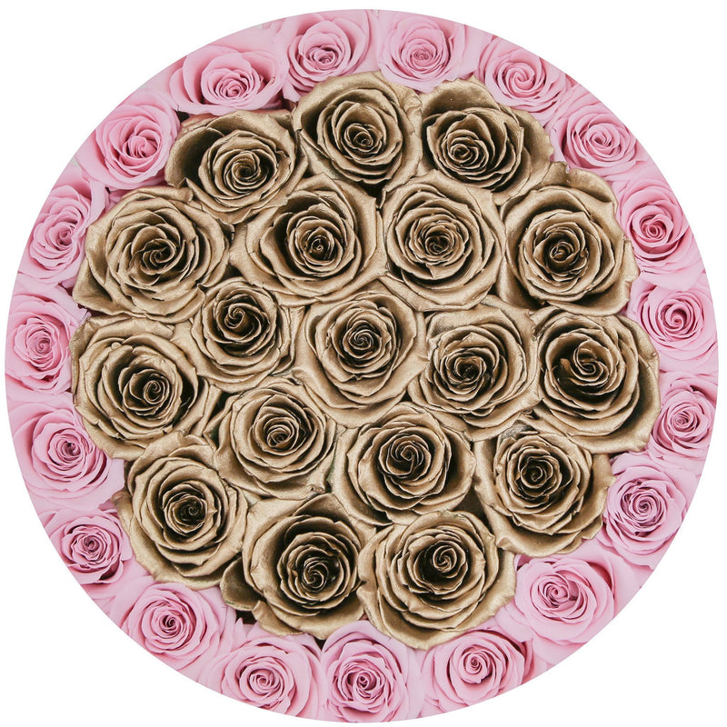 Medium - Candy Pink / Gold Eternity Roses - White Box - The Million Roses Slovakia