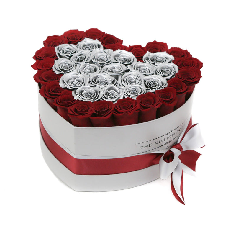 The Million Love Heart - Silver & Red Roses - White Box - The Million Roses Slovakia